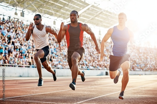 Runners Compete in a Track Race at a Stadium During a Sunny Day