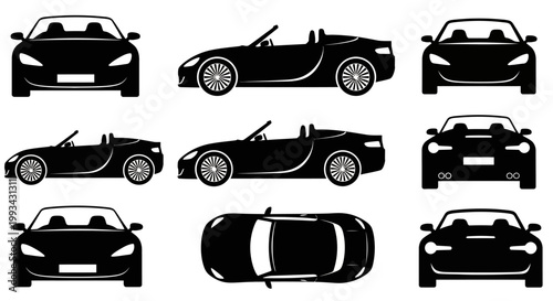 Set of Black Convertible Sports Car Silhouettes from Multiple Angles