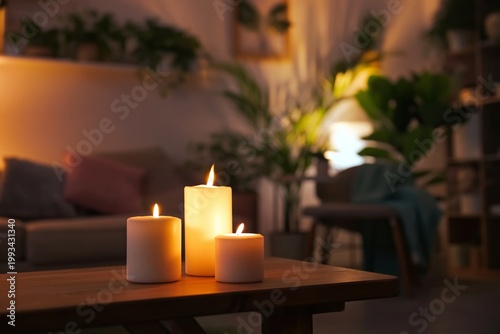 Candles on a Table in a Living Room With Plants and Soft Lighting in the Back...