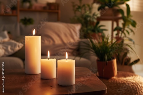 Candles on a Table in a Living Room With Plants and Soft Lighting in the Back...