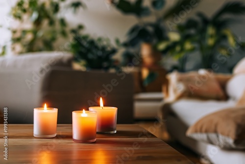 Candlelight in a Living Room With Plants and Soft Lighting in the Evening