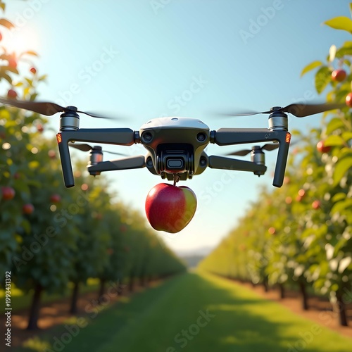 A drone flies over an orchard with a red apple hanging from it