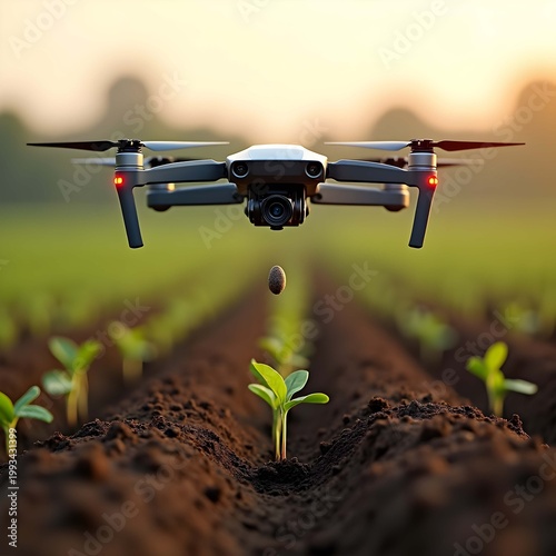 A drone flies over a field with young plants and drops a seed.