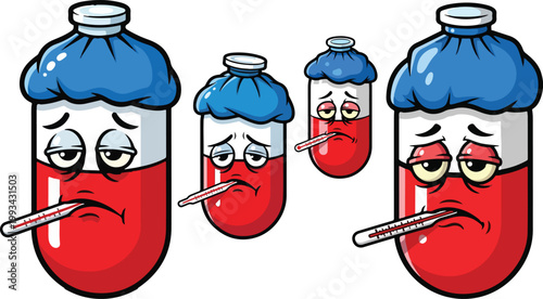 Sick pill cartoon characters with fever thermometers, red and white capsule mascots with ice packs, unhealthy medicine icons for flu and virus