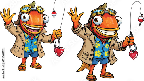 Cartoon goldfish fisherman character set, funny orange fish mascot wearing aviator goggles and aloha shirt, whimsical fishing vector illustration