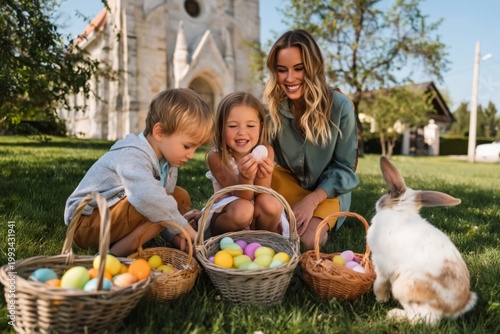 Children and Woman Celebrate Easter With Baskets and a Bunny in a Garden Near...