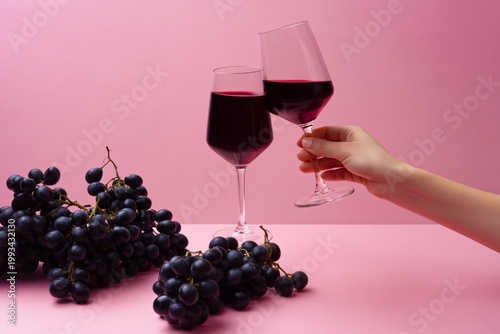 Two Glasses Toast With Red Wine Next to Fresh Grapes on a Pink Background