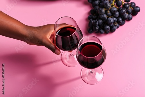Two Glasses Toast With Red Wine Next to Fresh Grapes on a Pink Background