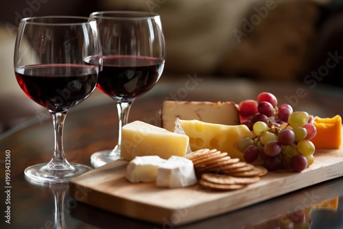 Wine and Cheese Pairing With Grapes and Crackers on a Wooden Board in a Cozy ...