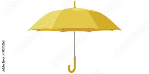 Yellow umbrella with curved handle, open canopy design for rain protection, everyday weather safety accessory concept artwork, flat vector illustration