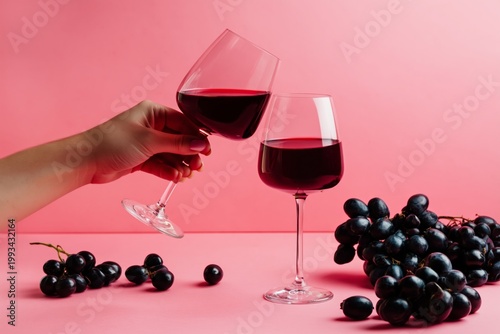 Cheers With Red Wine and Grapes on a Pink Background During a Gathering With ...