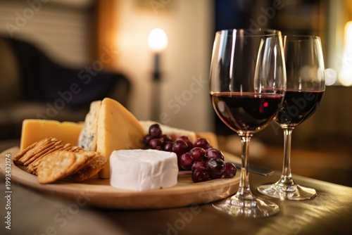 Couple Enjoys Cheese and Wine on a Table During Evening Gathering at Home
