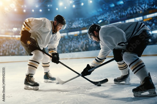Players Compete for the Puck During a Hockey Game in an Indoor Arena on an Ic...