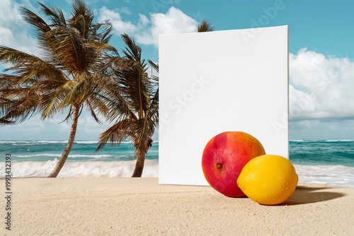 Coconuts and Blank Canvas on a Beach With Palm Trees and Ocean in the Backgro...