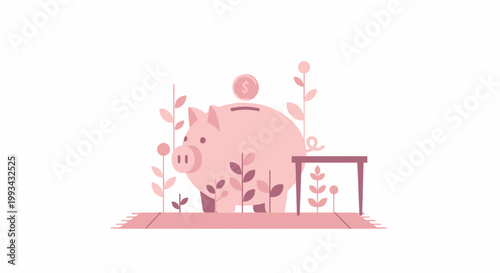 Cute Pink Piggy Bank Illustration with Plant Elements