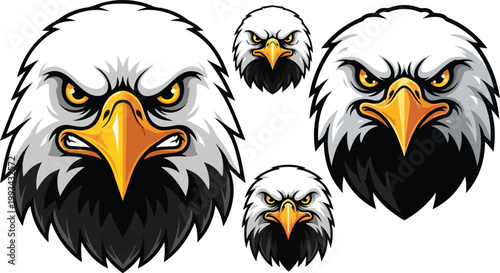 Aggressive bald eagle mascot head vector, fierce bird of prey sports logo set, 4 patriotic eagle illustrations with sharp yellow beaks and intense eyes