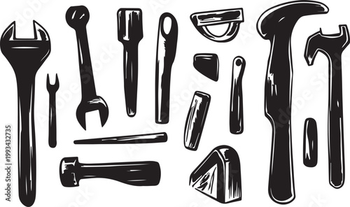 Isolated vector collection of a professional set of kitchen knives and construction tools including a steel hammer, screwdriver, and pliers for repair work on a white background