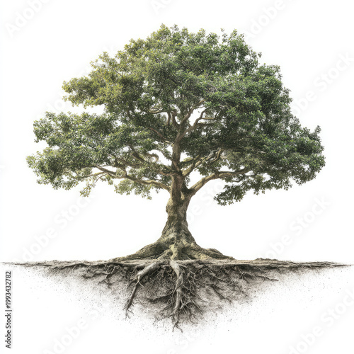 Large green tree with visible roots and soil beneath