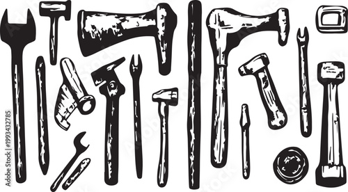 Isolated collection of professional metal work tools including a hammer, screwdriver, wrench, and saw for construction and carpentry repair on white