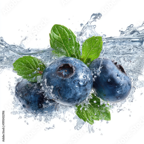 Blueberry fruit with fresh green mint leaves splash in water