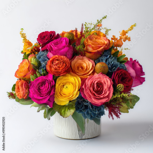 Vibrant floral arrangement with colorful roses and lush greenery