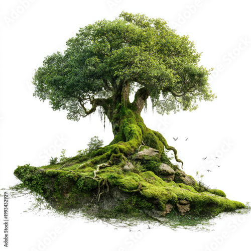 Ancient tree with vibrant green moss and roots on rocky ground