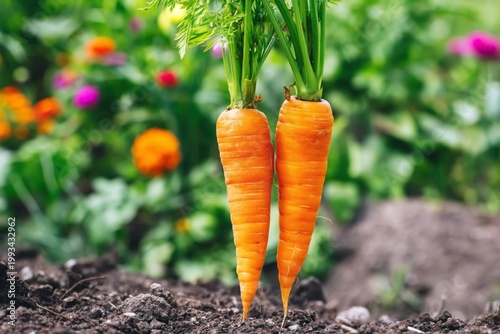 Fresh Carrots Grow in a Garden Surrounded by Colorful Flowers and Green Plant...