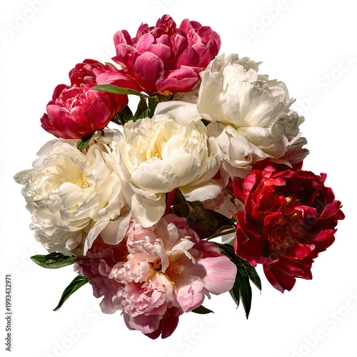 Vibrant peony blossoms in white, pink, and red colors