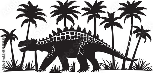 Tropical sunset landscape with the silhouette of a dinosaur standing in the grass near palm trees on a summer beach island vector illustration