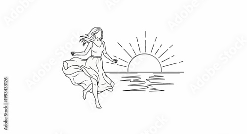 A woman in a flowing dress runs by a sun rising over the ocean