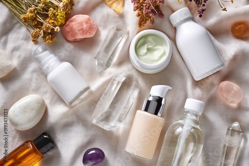 Natural Skincare Products Arranged With Crystals on a Fabric Background