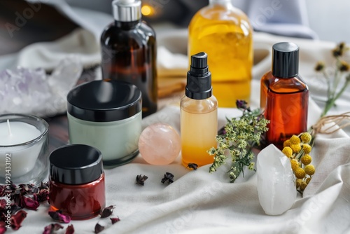 Various Skincare Products and Natural Ingredients on a Cloth Surface Near Can...
