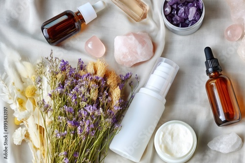 Various Skincare Products and Natural Ingredients on a Cloth Surface Near Can...
