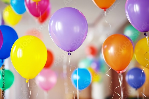 Colorful Balloons Float in a Room During a Celebration or Event