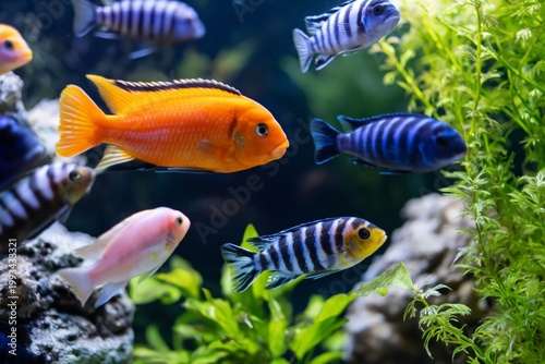 Colorful Fish Swim in a Vibrant Aquarium Filled With Plants and Rocks