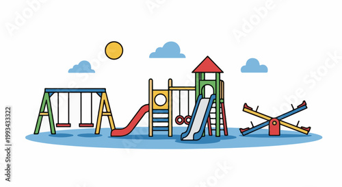 A colorful cartoon playground with swings, slides, and a seesaw