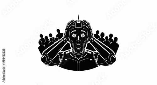 A distressed robot in a helmet, hands on head, surrounded by shadows of people