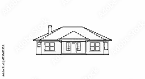 A detailed architectural blueprint sketch of a single-story house's facade