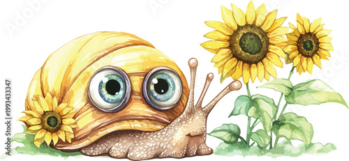 A cute cartoon vector illustration of a smiling yellow butterfly with a happy face sitting on a bright sunflower under a summer sun and fluffy clouds in a fun nature drawing for child art