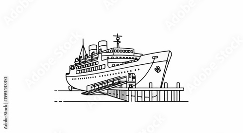 A black and white line drawing of a large passenger ship docked at a pier