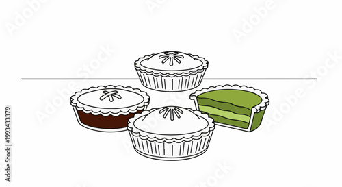 Four pies, one sliced, with scalloped crusts and decorative tops
