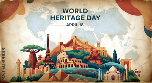 Colorful world heritage day celebration with famous landmarks and april eighteenth date illustration design