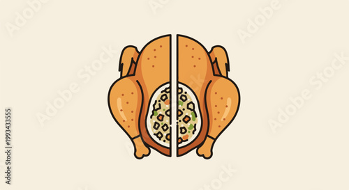 Whimsical roasted chicken split in half, revealing stuffing