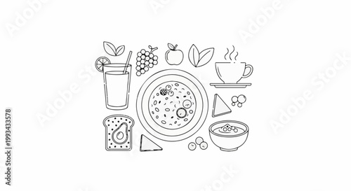 Whimsical line art depicts a balanced breakfast with fruit, grains, toast, and beverage