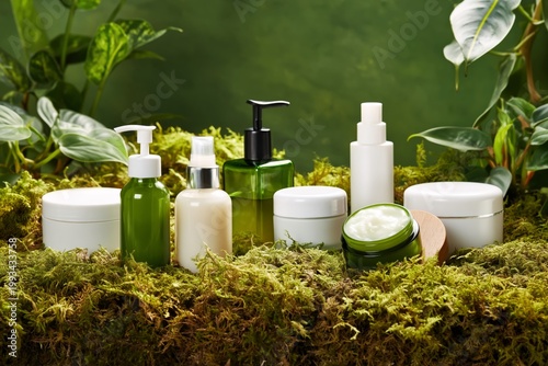 Natural Skincare Products Arranged on Green Moss With Plants in the Background