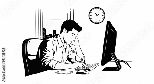 Tired man at desk with computer, late night city view, clock shows past midnight