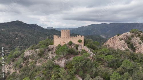 Breathtaking aerial view of a historic castle surrounded by lush greenery showcasing scenic mountains in the background for a captivating visual experience. Generative AI