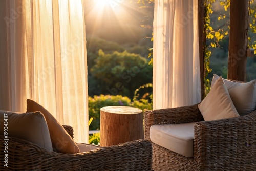 Sunlight Streams Through Curtains in a Cozy Outdoor Seating Area During Eveni...