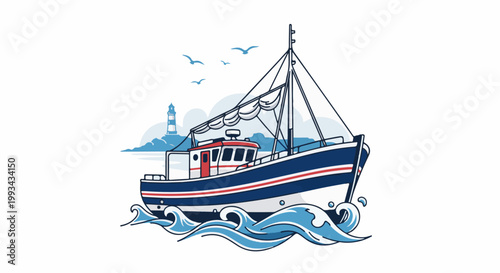 A blue and white fishing boat with red trim sails through choppy blue waves