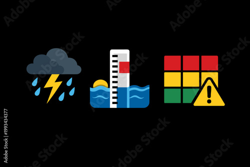 Vector set of weather alert icons featuring a dark storm cloud with lightning and rain, a water level gauge for flood monitoring, and a color-coded risk assessment grid with a warning sign.